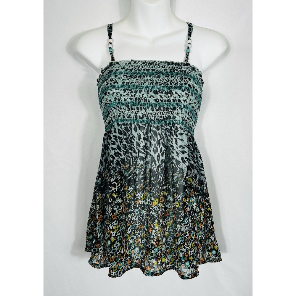 Y2K Turquoise Leopard Print Tunic Top Size L Sheer Empire Spaghetti Strap Boho